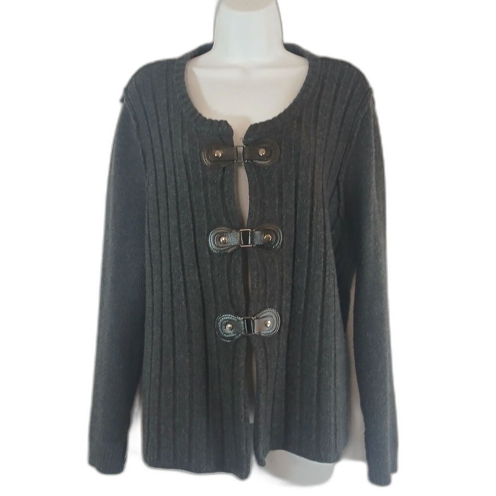 Tahari cardigan gray ribbed faux leather straps sz 2X office wear casual travel